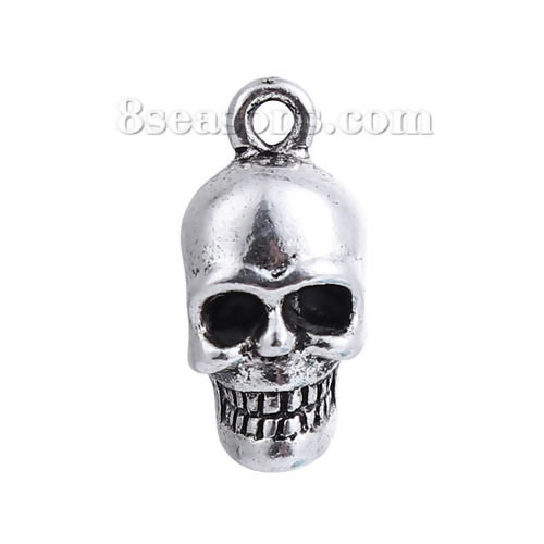 Picture of Zinc Based Alloy 3D Charms Skull Antique Silver Color 22mm( 7/8") x 10mm( 3/8"), 5 PCs