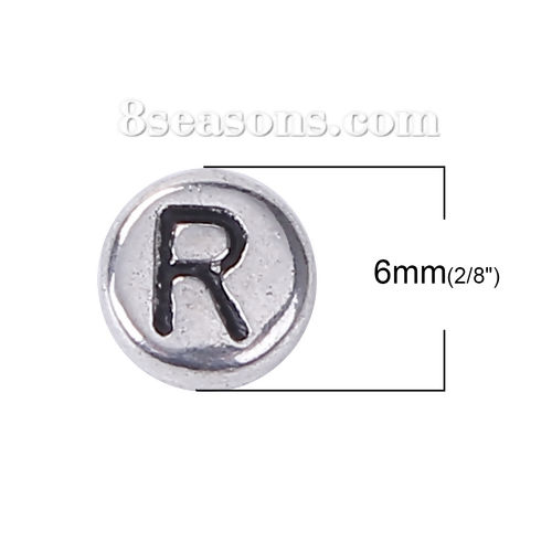 Picture of Zinc Based Alloy Spacer Beads Round Silver Tone At Random Mixed Initial Alphabet/ Letter About 6mm Dia, Hole: Approx 0.8mm, 100 PCs