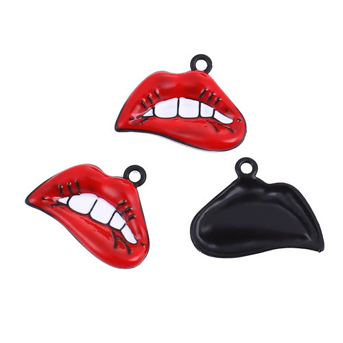 Picture of Zinc Based Alloy Charms Lip Black White & Red 28mm(1 1/8") x 22mm( 7/8"), 5 PCs