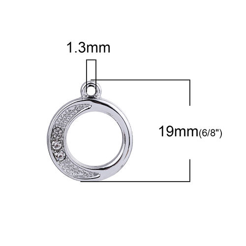 Picture of Zinc Based Alloy Charms Circle Ring Silver Tone Clear Rhinestone 19mm( 6/8") x 16mm( 5/8"), 20 PCs