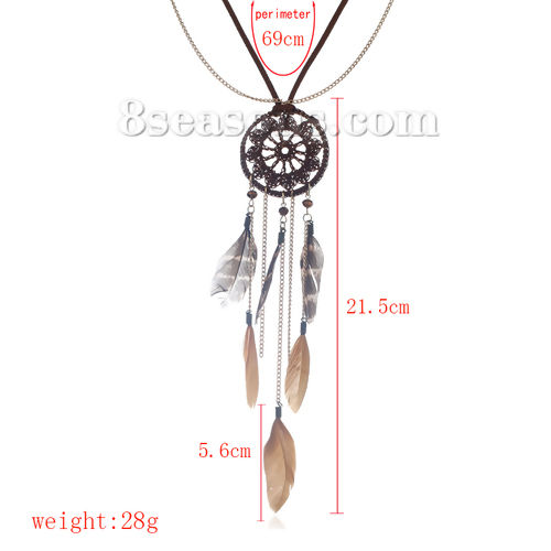 Picture of Multilayer Layered Necklace Gold Plated Brown Feather Dreamcatcher 69cm(27 1/8") long, 1 Piece