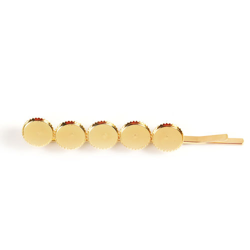 Picture of Iron Based Alloy Hair Clips Findings Round Gold Plated Cabochon Settings (Fits 8mm Dia.) 63mm x 9mm, 20 PCs