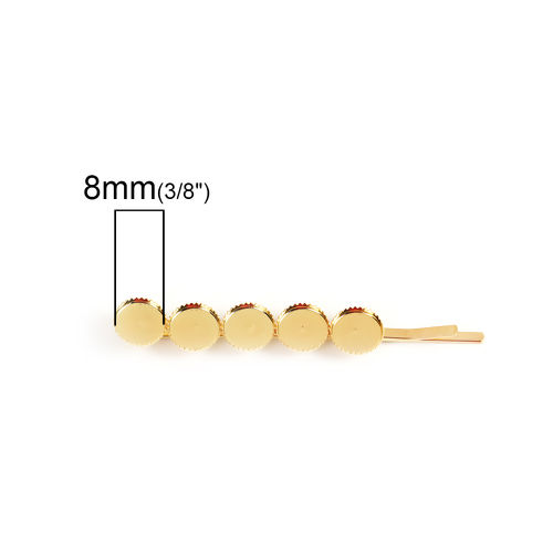 Picture of Iron Based Alloy Hair Clips Findings Round Gold Plated Cabochon Settings (Fits 8mm Dia.) 63mm x 9mm, 20 PCs