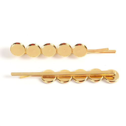 Picture of Iron Based Alloy Hair Clips Findings Round Gold Plated Cabochon Settings (Fits 8mm Dia.) 63mm x 9mm, 20 PCs