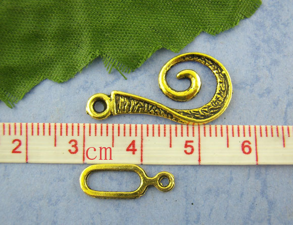Picture of Zinc Based Alloy Toggle Clasps Findings Swirl Gold Tone Antique Gold 16mm x 6mm 26mm x 12mm, 30 Sets