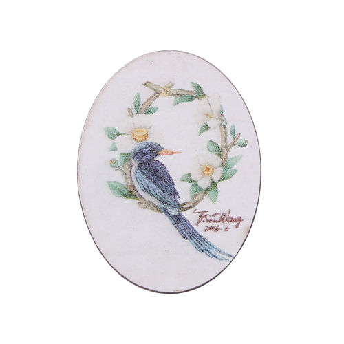 Picture of Natural Wood Embellishments Scrapbooking Oval Multicolor Bird & Flower Pattern 40mm(1 5/8") x 30mm(1 1/8"), 5 PCs