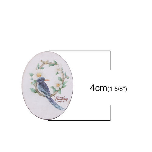 Picture of Natural Wood Embellishments Scrapbooking Oval Multicolor Bird & Flower Pattern 40mm(1 5/8") x 30mm(1 1/8"), 5 PCs