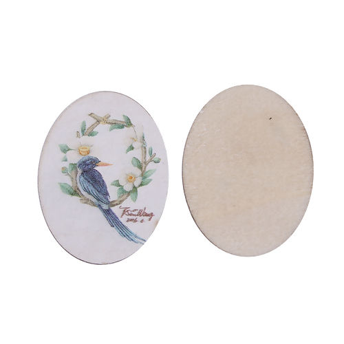 Picture of Natural Wood Embellishments Scrapbooking Oval Multicolor Bird & Flower Pattern 40mm(1 5/8") x 30mm(1 1/8"), 5 PCs