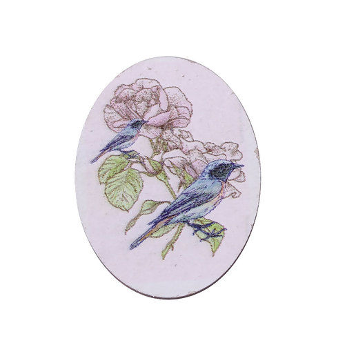 Picture of Natural Wood Embellishments Scrapbooking Oval Multicolor Bird & Flower Pattern 40mm(1 5/8") x 30mm(1 1/8"), 5 PCs