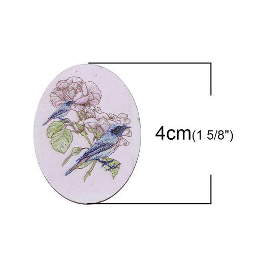 Picture of Natural Wood Embellishments Scrapbooking Oval Multicolor Bird & Flower Pattern 40mm(1 5/8") x 30mm(1 1/8"), 5 PCs
