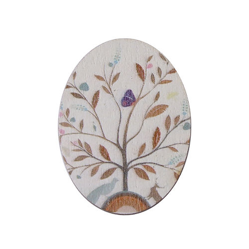 Picture of Natural Wood Embellishments Scrapbooking Oval Multicolor Tree & Butterfly Pattern 40mm(1 5/8") x 30mm(1 1/8"), 5 PCs