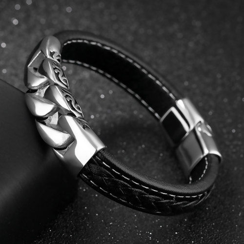 Picture of 316L Cowhide Leather Men Bangles Bracelets Silver Tone Black 20cm(7 7/8") long, 1 Piece”