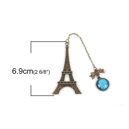 Bild von Glas Lesezeichen Eiffelturm Bronzefarbe Blau Schleife 69mm x 36mm, 1 Stück