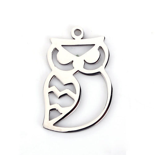 Picture of 304 Stainless Steel Pet Silhouette Pendants Owl Animal Silver Tone Hollow 30mm(1 1/8") x 20mm( 6/8"), 1 Piece