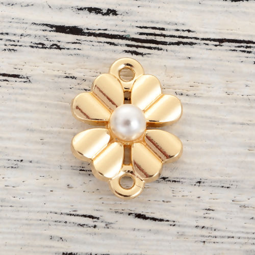 Picture of Zinc Based Alloy Connectors Four Leaf Clover Gold Plated White Imitation Pearl 16mm x 12mm, 10 PCs