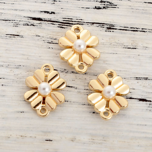 Picture of Zinc Based Alloy Connectors Four Leaf Clover Gold Plated White Imitation Pearl 16mm x 12mm, 10 PCs