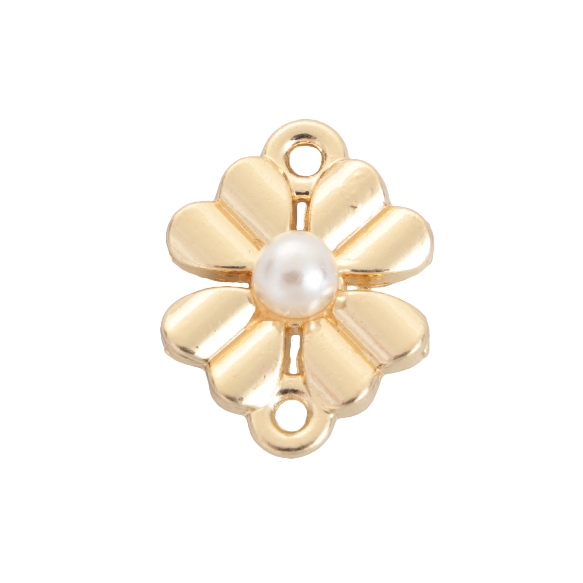 Picture of Zinc Based Alloy Connectors Four Leaf Clover Gold Plated White Imitation Pearl 16mm x 12mm, 10 PCs