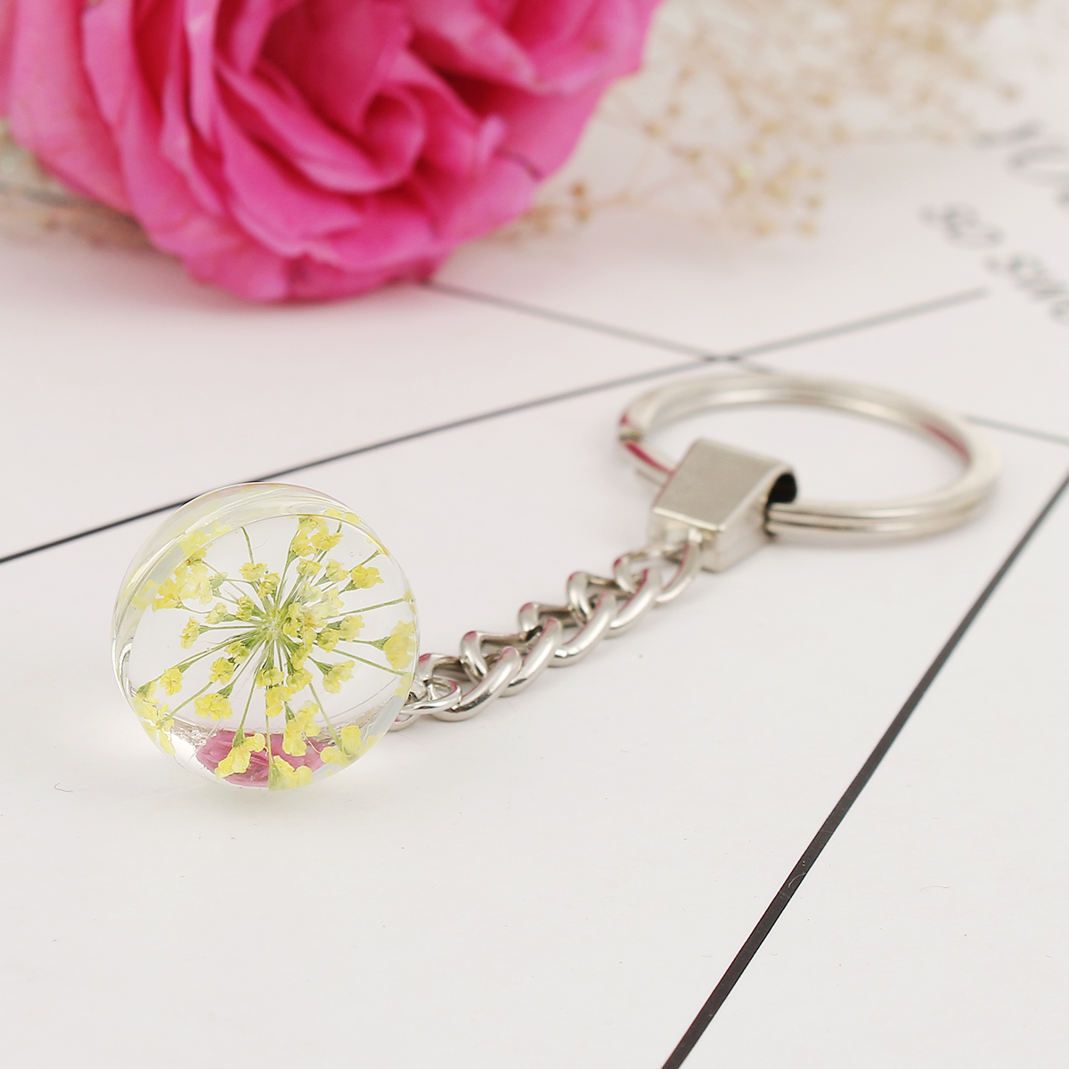 Picture of Real Dried Flower Transparent Glass Globe Bubble Bottle Keychain & Keyring Silver Tone Yellow 9.5cm, 2 PCs