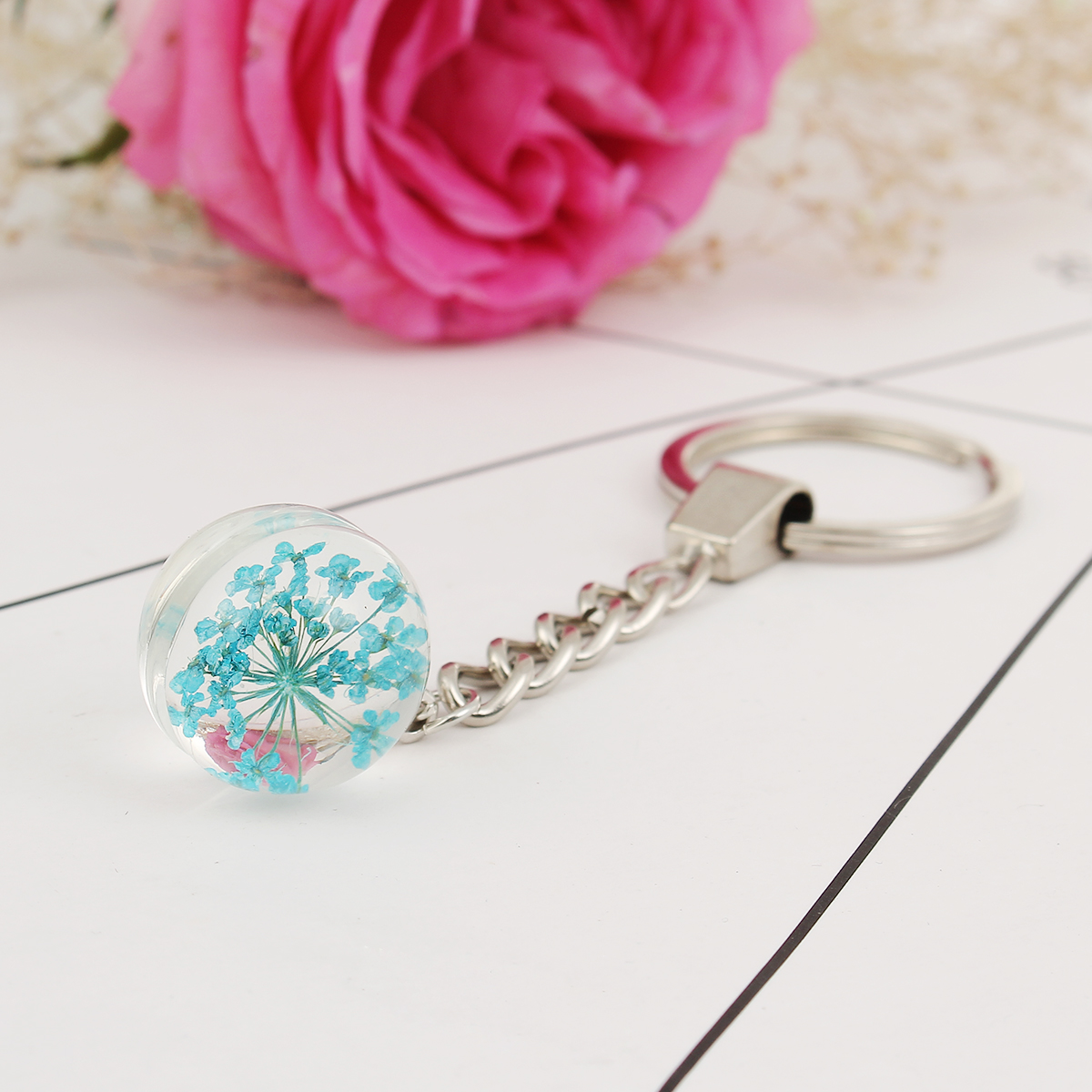 Picture of Real Dried Flower Transparent Glass Globe Bubble Bottle Keychain & Keyring Silver Tone Yellow 9.5cm, 2 PCs