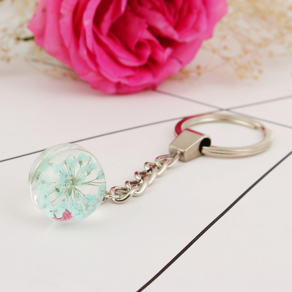 Picture of Real Dried Flower Transparent Glass Globe Bubble Bottle Keychain & Keyring Silver Tone Yellow 9.5cm, 2 PCs