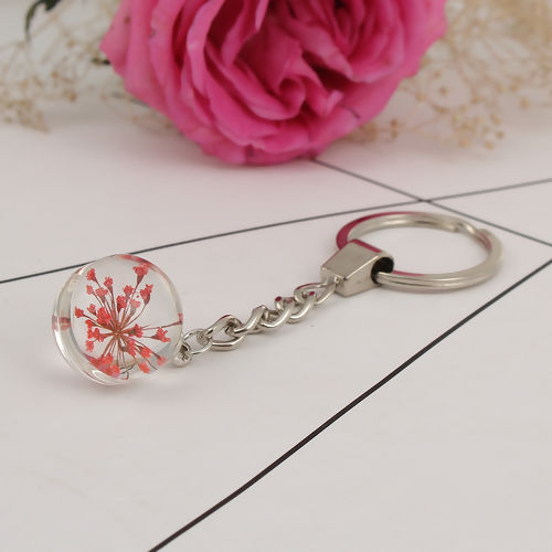 Picture of Real Dried Flower Transparent Glass Globe Bubble Bottle Keychain & Keyring Silver Tone Yellow 9.5cm, 2 PCs
