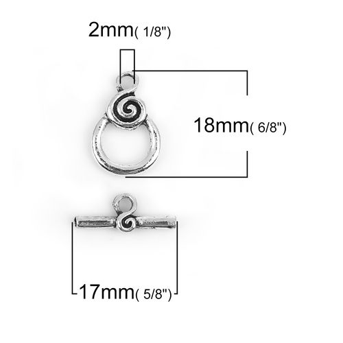 Picture of Zinc Based Alloy Toggle Clasps Spiral Antique Silver Color 18mm x 12mm 17mm x 7mm, 30 Sets