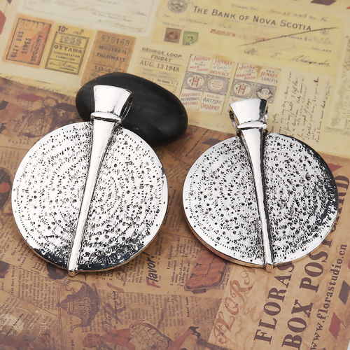 Picture of Zinc Based Alloy Boho Chic Pendants Round Disc Antique Silver Color Spot 84mm(3 2/8") x 67mm(2 5/8"), 2 PCs