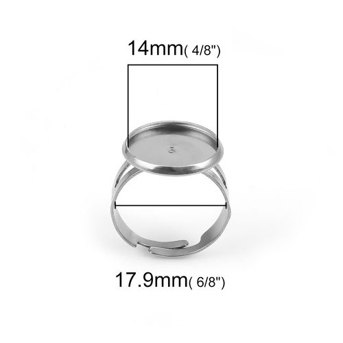 Imagen de Stainless Steel Open Adjustable Rings Silver Tone Round Cabochon Settings (Fits 14mm Dia. ) 17.9mm( 6/8")(US size 7.75), 5 PCs