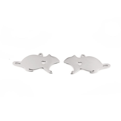 Picture of Stainless Steel Pet Silhouette Blank Stamping Tags Pendants Mouse Animal Heart Silver Tone Roller Burnishing 35mm x 15mm, 2 PCs