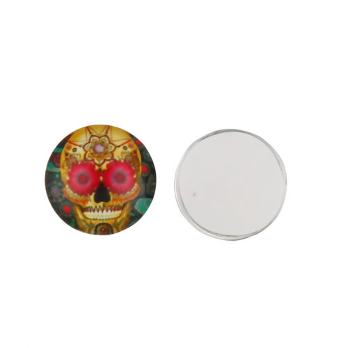 Picture of Glass Dome Seals Cabochon Round Flatback At Random Mixed Sugar Skull Pattern 12mm( 4/8") Dia, 50 PCs