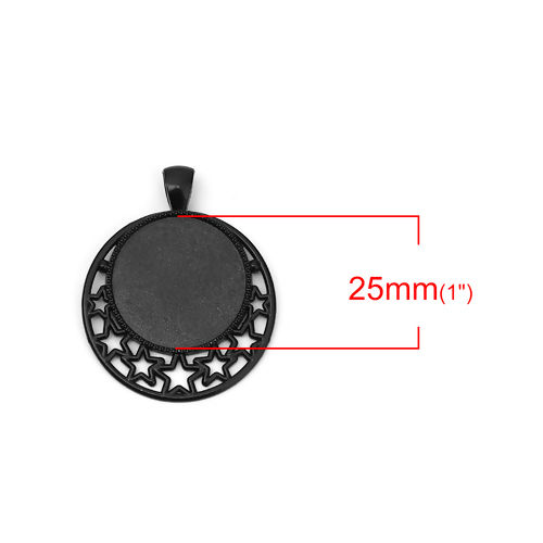Picture of Zinc Based Alloy Pendants Round Black Pentagram Star Cabochon Settings (Fits 25mm Dia.) 44mm x 36mm, 10 PCs