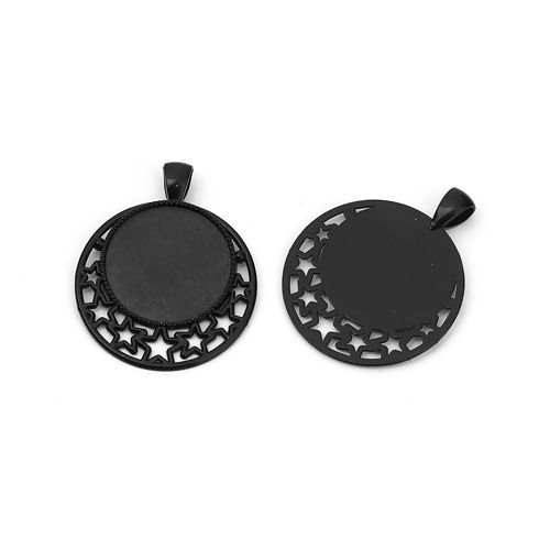 Picture of Zinc Based Alloy Pendants Round Black Pentagram Star Cabochon Settings (Fits 25mm Dia.) 44mm x 36mm, 10 PCs