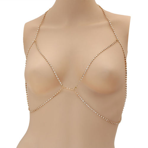 Picture of Body Chain Necklace Gold Plated Clear Rhinestone 77.5cm(30 4/8") long, 88cm(34 5/8") long, 1 Piece