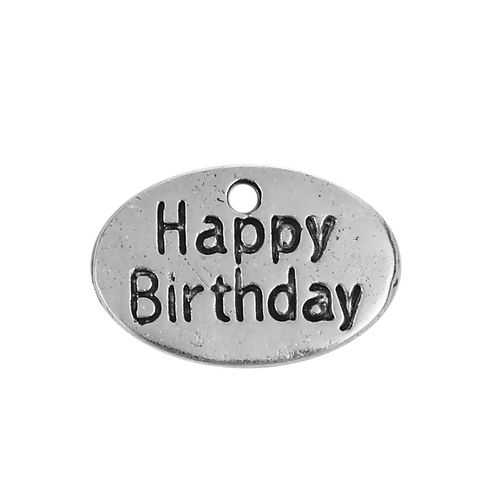 Imagen de Zamak Colgantes Charms Óvalo Plata Antigua " Feliz Cumpleaños " 15mm x 10mm, 20 Unidades