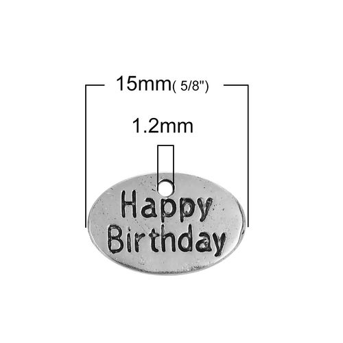 Imagen de Zamak Colgantes Charms Óvalo Plata Antigua " Feliz Cumpleaños " 15mm x 10mm, 20 Unidades