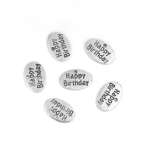 Imagen de Zamak Colgantes Charms Óvalo Plata Antigua " Feliz Cumpleaños " 15mm x 10mm, 20 Unidades