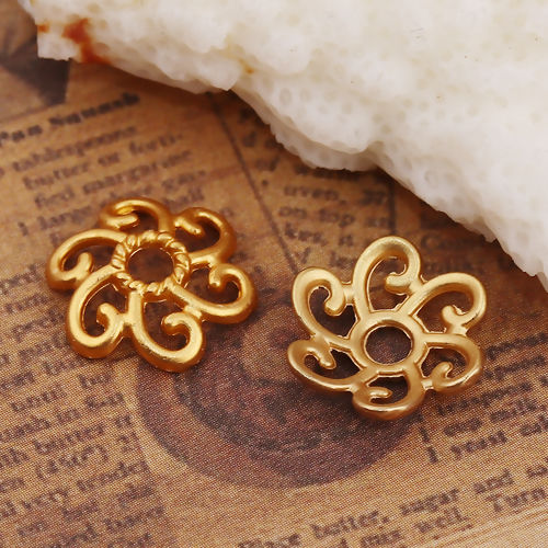 Bild von Zinklegierung Perlkappen Blumen Matt Gold (für Perlengröße: 14mm D.) 12mm x 11mm, 10 Stück