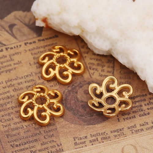 Bild von Zinklegierung Perlkappen Blumen Matt Gold (für Perlengröße: 14mm D.) 12mm x 11mm, 10 Stück