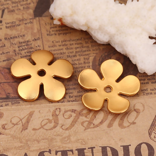 Bild von Zinklegierung Perlkappen Blumen Matt Gold (für Perlengröße: 26mm D.) 21mm x 20mm, 10 Stück