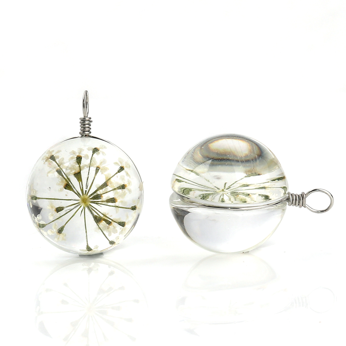Изображение Glass & Dried Flower Charms Ball White Transparent 28mm(1 1/8") x 20mm( 6/8"), 2 PCs