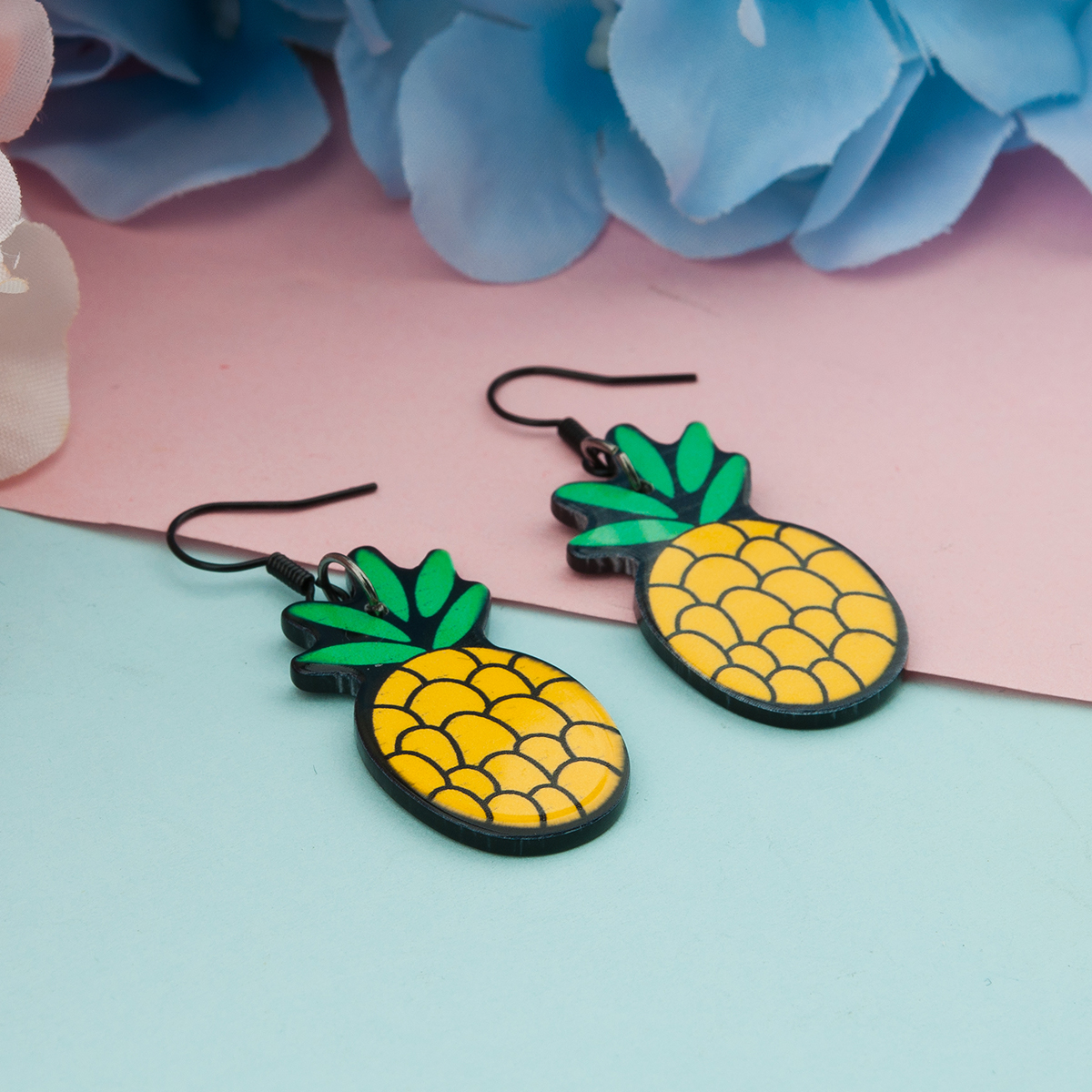 Picture of Acrylic Earrings Black Yellow Pineapple/ Ananas Fruit 45mm(1 6/8") x 17mm( 5/8"), Post/ Wire Size: (22 gauge), 1 Pair