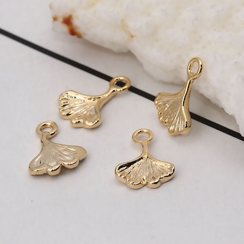 Bild von Messing Charms Ginkgo Blatt Echtgold plattiert 11mm x 8mm, 5 Stück