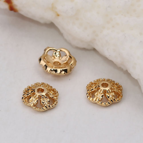 Picture of Brass Beads Caps Flower 18K Real Gold Plated (Fit Beads Size: 8mm Dia.) 7mm( 2/8") x 7mm( 2/8"), 10 PCs