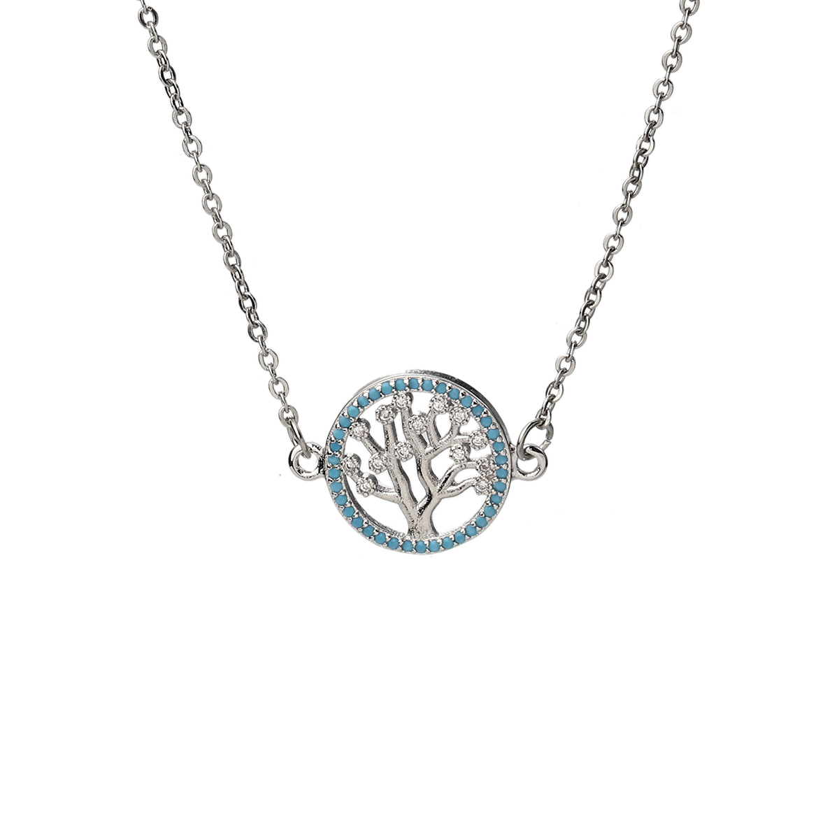 Picture of 304 Stainless Steel Necklace Silver Tone Round Tree Blue Rhinestone 46.5cm(18 2/8") long, 1 Piece