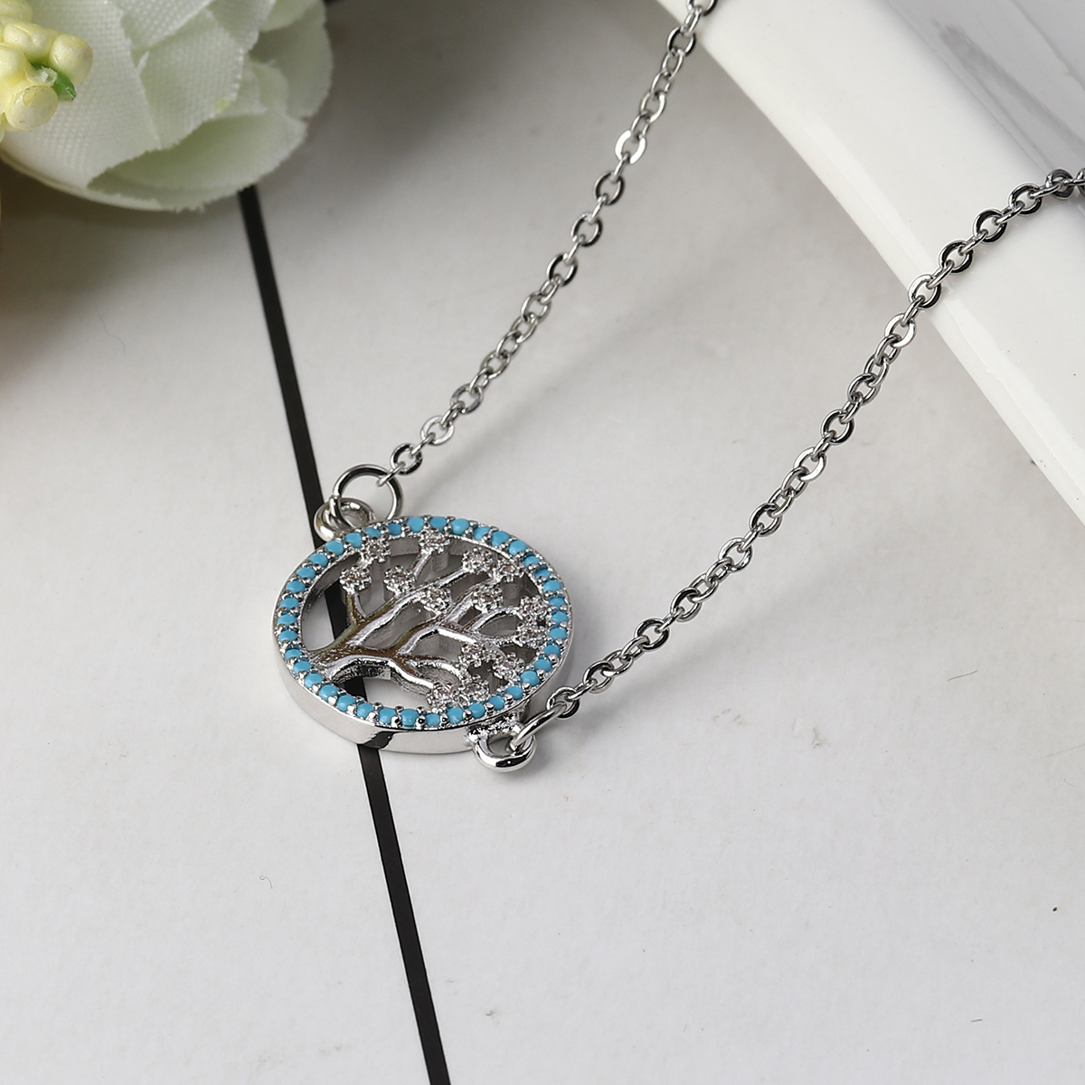 Picture of 304 Stainless Steel Necklace Silver Tone Round Tree Blue Rhinestone 46.5cm(18 2/8") long, 1 Piece