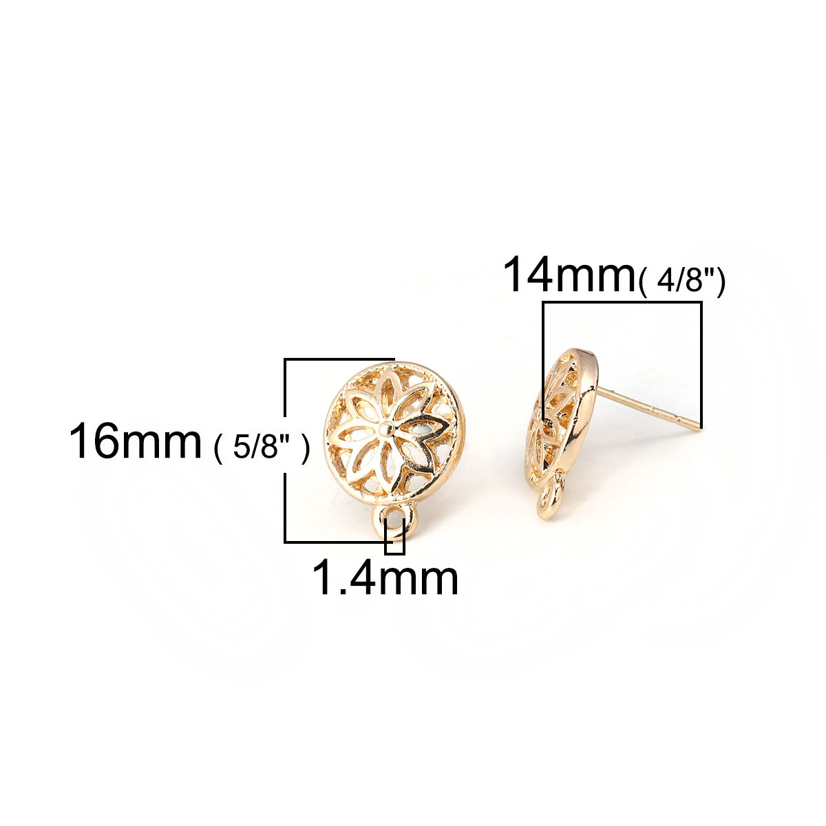 Picture of Zinc Based Alloy Ear Post Stud Earrings Findings Round KC Gold Plated Flower Pattern W/ Loop 16mm x 13mm, Post/ Wire Size: (21 gauge), 20 PCs