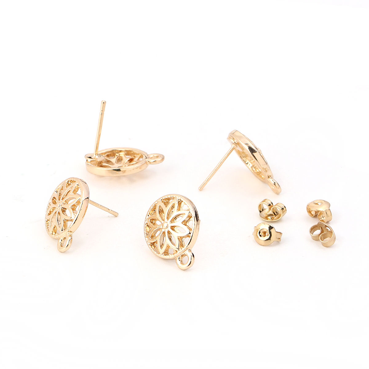 Picture of Zinc Based Alloy Ear Post Stud Earrings Findings Round KC Gold Plated Flower Pattern W/ Loop 16mm x 13mm, Post/ Wire Size: (21 gauge), 20 PCs