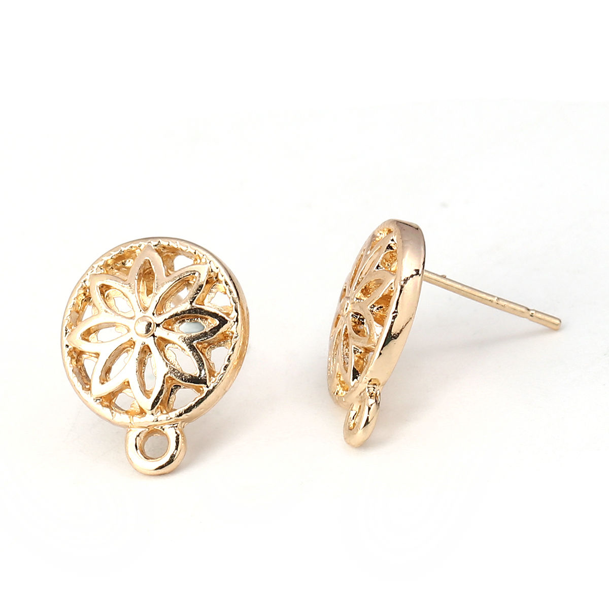 Picture of Zinc Based Alloy Ear Post Stud Earrings Findings Round KC Gold Plated Flower Pattern W/ Loop 16mm x 13mm, Post/ Wire Size: (21 gauge), 20 PCs
