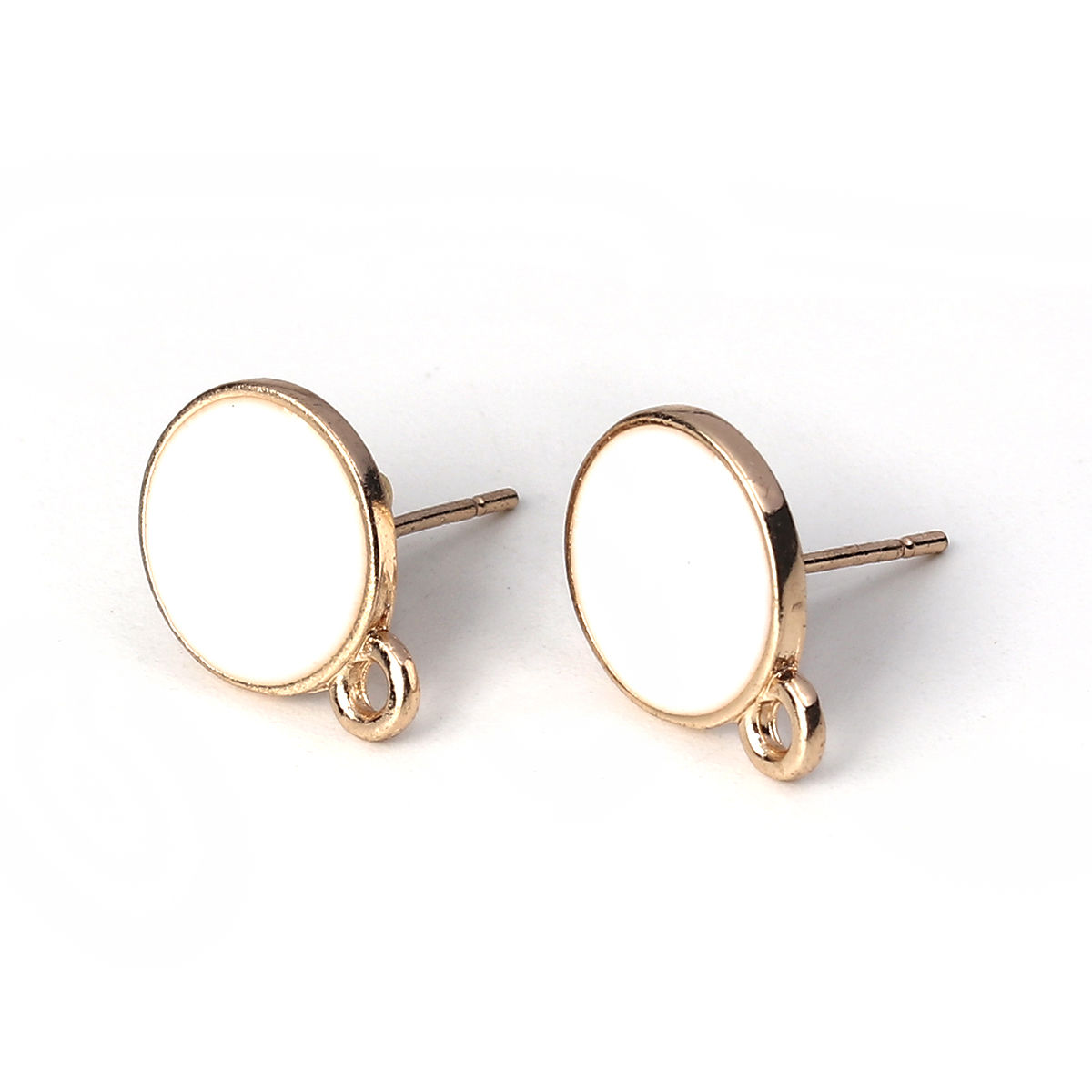 Picture of Zinc Based Alloy Ear Post Stud Earrings Findings Round Gold Plated White W/ Loop 14mm x 10mm, Post/ Wire Size: (20 gauge), 10 PCs