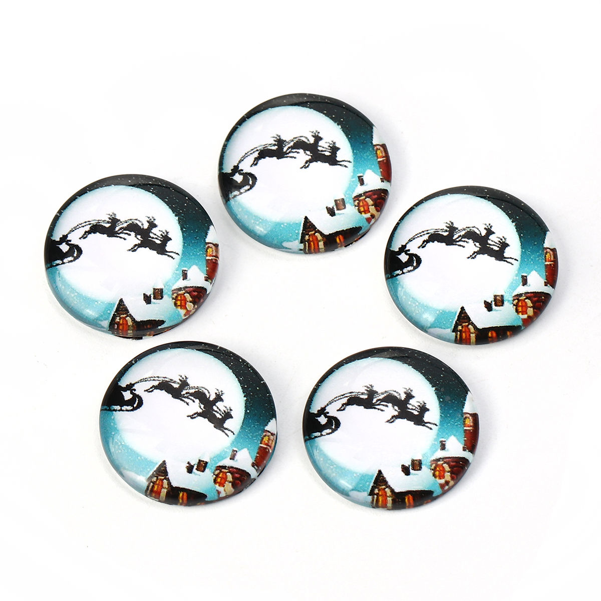 Изображение Стеклянные Газоплотный Кабошон Круглые, Белый & Синий с узором Лось 20мм диаметр, 30 ШТ